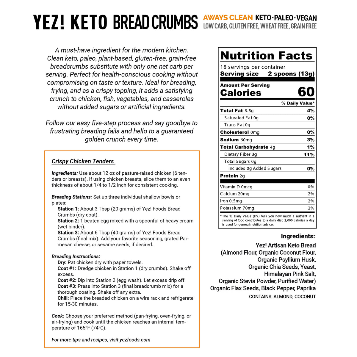 Yez! Artisan Keto Bread Crumbs - 8 oz bag - Plain, grain-free bread crumbs